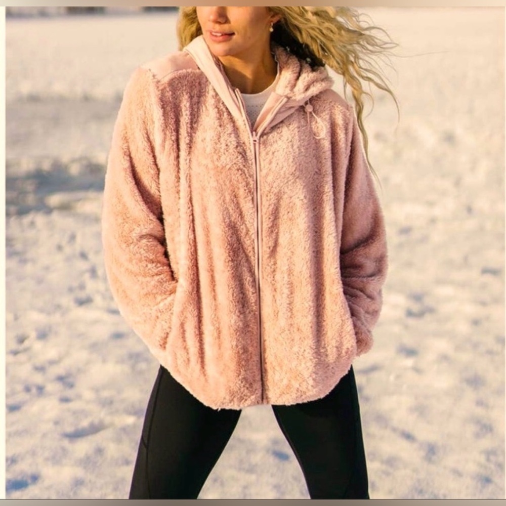 Zyia - Active Blush Sherpa Block Hoodie Zip Up Teddy Jacket Size 2XL